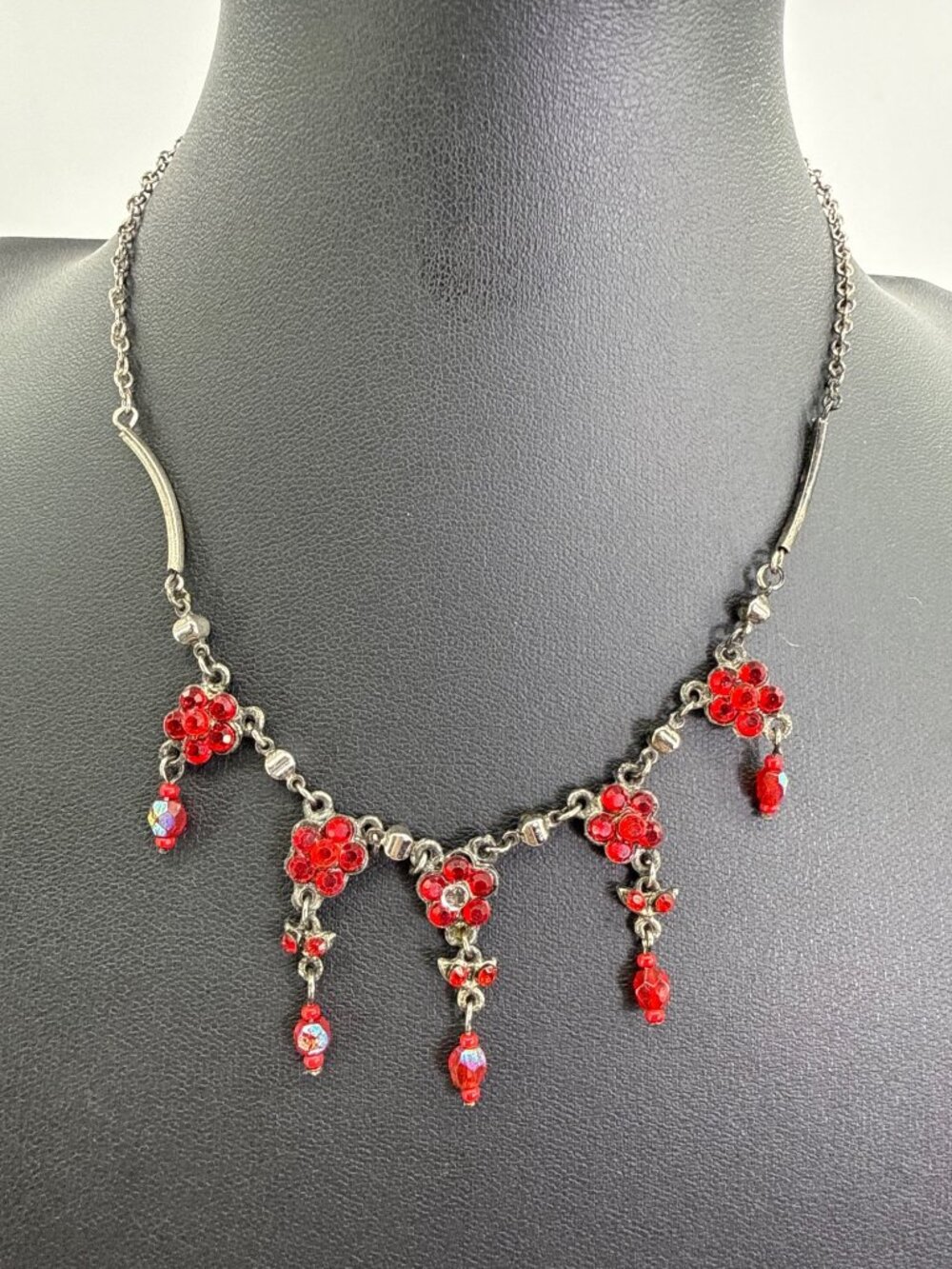 Vintage Silver Red Rhinestone Festoon Floral Choker Necklace Goth Whimsygoth